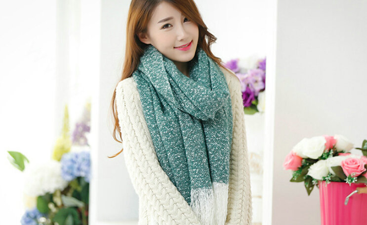 Unique Women Tassels Scarf Shawl Winter Warm Cashmere Solid Panties 215*65CM - Green