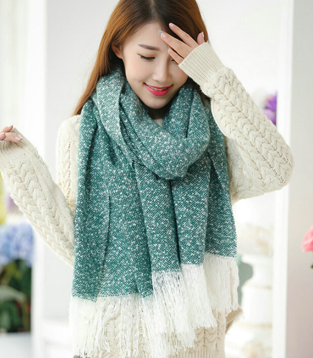 Unique Women Tassels Scarf Shawl Winter Warm Cashmere Solid Panties 215*65CM - Green