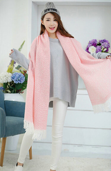 Unique Women Tassels Scarf Shawl Winter Warm Cashmere Solid Panties 215*65CM - Pink