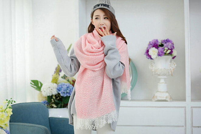 Unique Women Tassels Scarf Shawl Winter Warm Cashmere Solid Panties 215*65CM - Pink