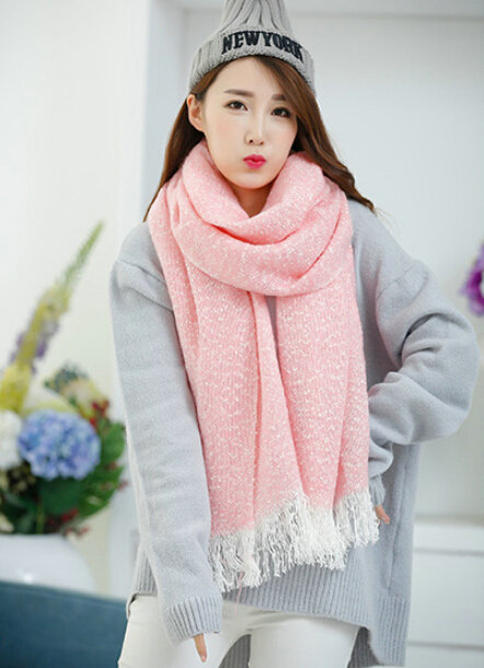 Unique Women Tassels Scarf Shawl Winter Warm Cashmere Solid Panties 215*65CM - Pink