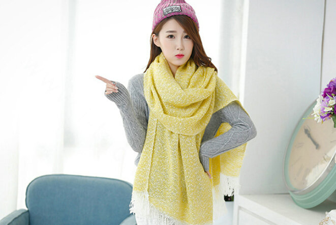 Unique Women Tassels Scarf Shawl Winter Warm Cashmere Solid Panties 215*65CM - Yellow