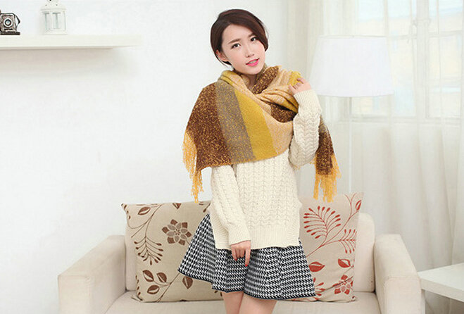 Unique Women Tassels Scarf Shawl Winter Warm Cashmere Striped Panties 215*65CM - Brown