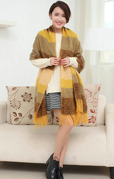 Unique Women Tassels Scarf Shawl Winter Warm Cashmere Striped Panties 215*65CM - Brown