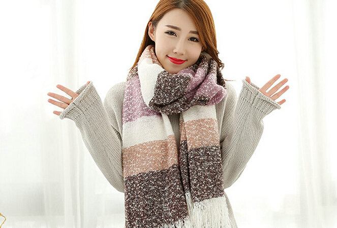 Unique Women Tassels Scarf Shawl Winter Warm Cashmere Striped Panties 215*65CM - Coffee