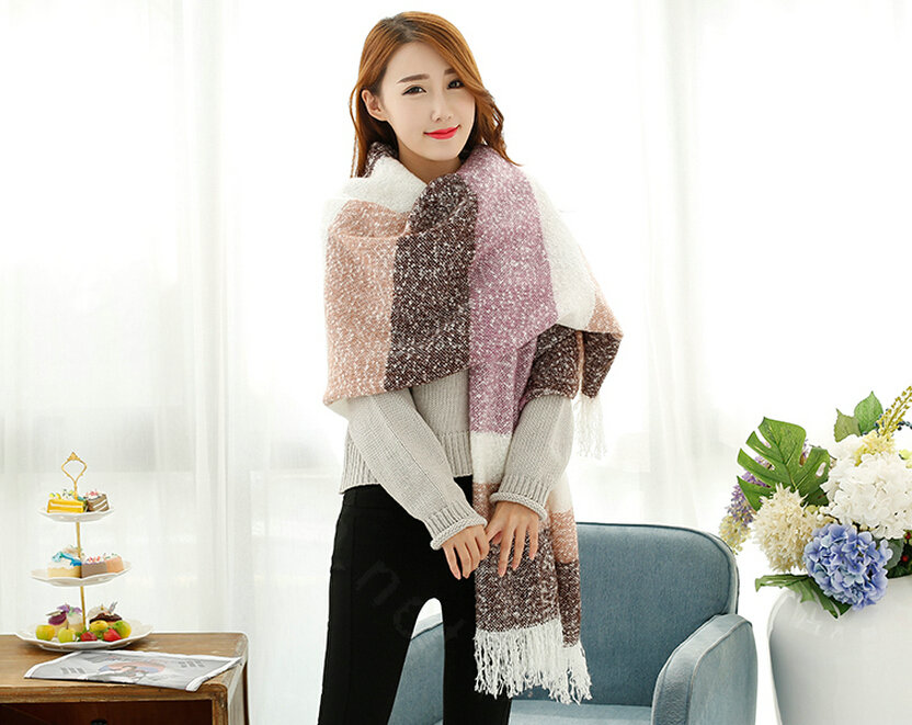 Unique Women Tassels Scarf Shawl Winter Warm Cashmere Striped Panties 215*65CM - Coffee