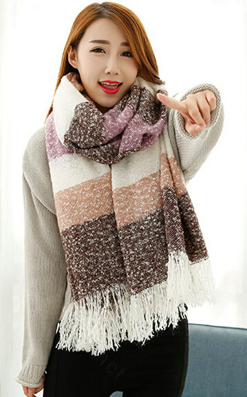 Unique Women Tassels Scarf Shawl Winter Warm Cashmere Striped Panties 215*65CM - Coffee
