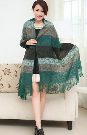 Unique Women Tassels Scarf Shawl Winter Warm Cashmere Striped Panties 215*65CM - Green