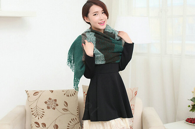 Unique Women Tassels Scarf Shawl Winter Warm Cashmere Striped Panties 215*65CM - Green