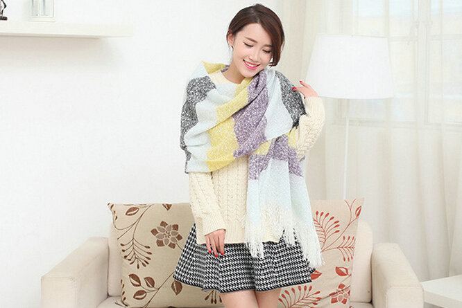 Unique Women Tassels Scarf Shawl Winter Warm Cashmere Striped Panties 215*65CM - Purple