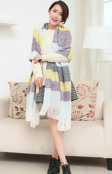 Unique Women Tassels Scarf Shawl Winter Warm Cashmere Striped Panties 215*65CM - Purple