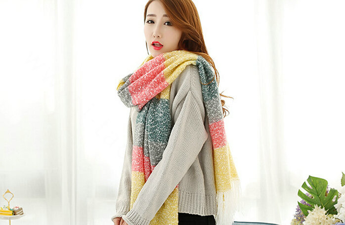 Unique Women Tassels Scarf Shawl Winter Warm Cashmere Striped Panties 215*65CM - Yellow