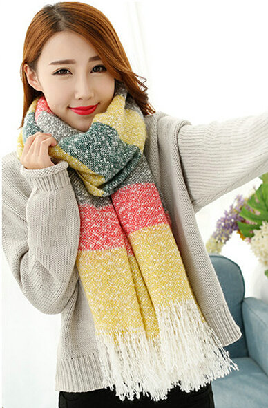 Unique Women Tassels Scarf Shawl Winter Warm Cashmere Striped Panties 215*65CM - Yellow