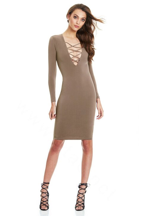 Autumn Dresses Long Sleeved Sexy Female Band Nightclub A-Line Cotton - Khaki