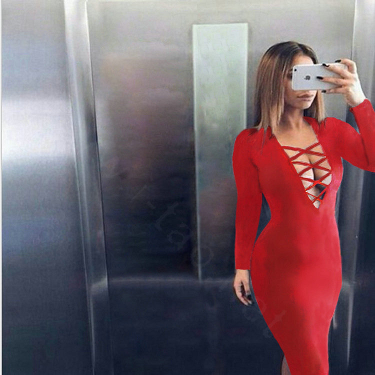 Autumn Dresses Long Sleeved Sexy Female Band Nightclub A-Line Cotton - Red