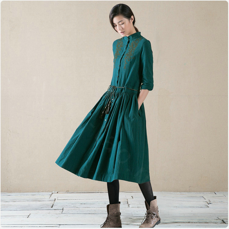 Autumn Dresses Mid-Calf Linen Ruffles Original Cotton Ladies Embroidery Slim Flower - Green