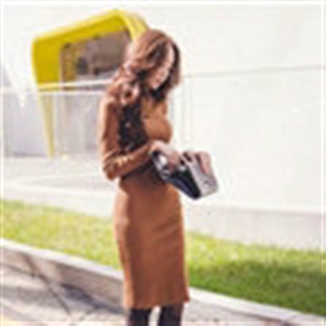 Autumn Winter Women Dresses Natural Knitting Knee-Length Sheath Turtleneck Full Sleeve - Camel