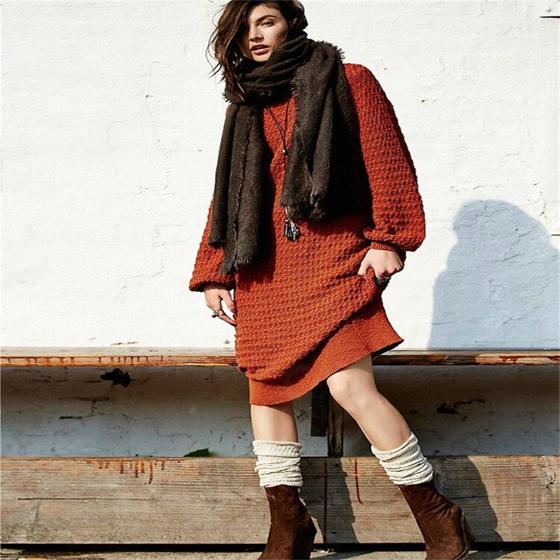 Dresses Novelty Solid Full Sleeve Long Loose Thin Sleeve Knit Female - Red