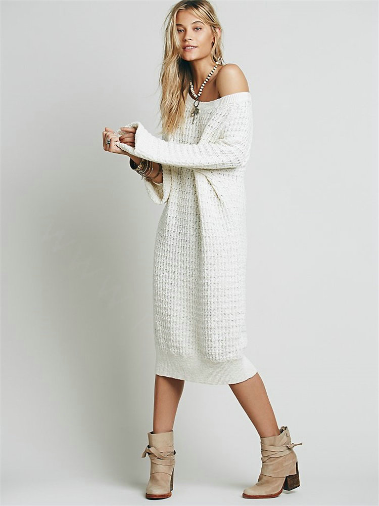 Dresses Novelty Solid Full Sleeve Long Loose Thin Sleeve Knit Female - White