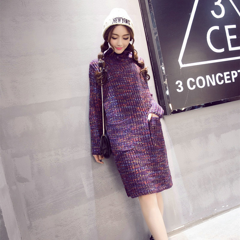 Dresses Winter Turtleneck Knee-Length Solid Street Fashion Pocket Color Female - Purple