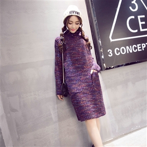 Dresses Winter Turtleneck Knee-Length Solid Street Fashion Pocket Color Female - Purple