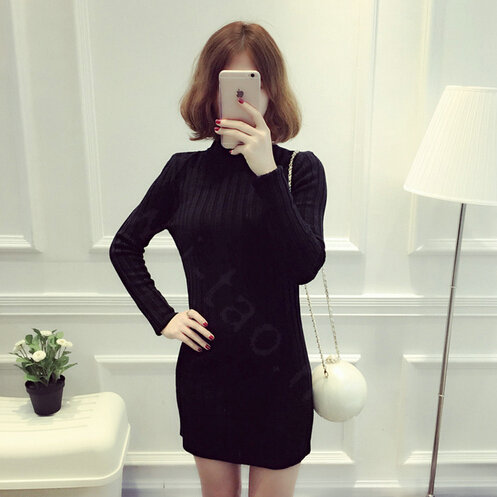 Dresses Women Winter Long Sleeved Pullover Solid Slim Package Hip knitted Midi Office - Black