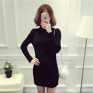 Dresses Women Winter Long Sleeved Pullover Solid Slim Package Hip knitted Midi Office - Black