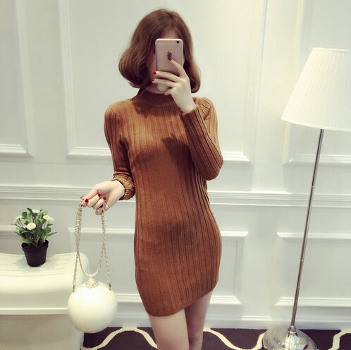 Dresses Women Winter Long Sleeved Pullover Solid Slim Package Hip knitted Midi Office - Brown