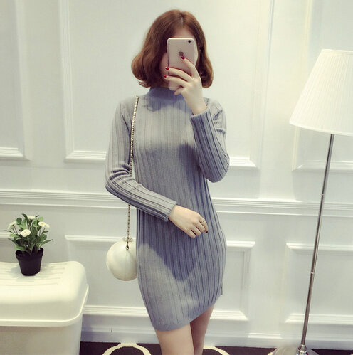Dresses Women Winter Long Sleeved Pullover Solid Slim Package Hip knitted Midi Office - Grey