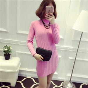 Dresses Women Winter Long Sleeved Pullover Solid Slim Package Hip knitted Midi Office - Pink
