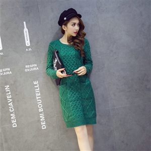 Fashion Dresses Winter Women Slim Solid O-Neck Knee-Length Cotton - Green