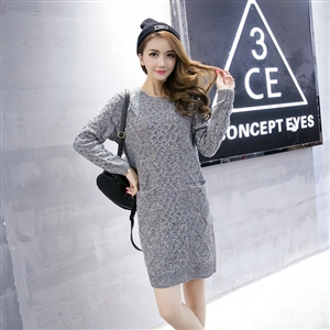 Fashion Dresses Winter Women Slim Solid O-Neck Knee-Length Cotton - Grey