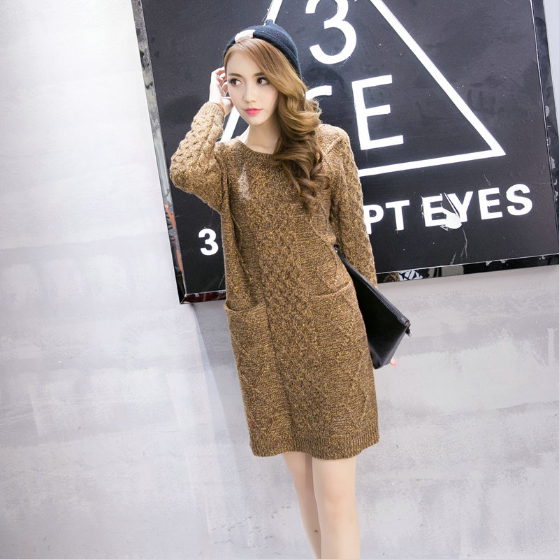 Fashion Dresses Winter Women Slim Solid O-Neck Knee-Length Cotton - Khaki