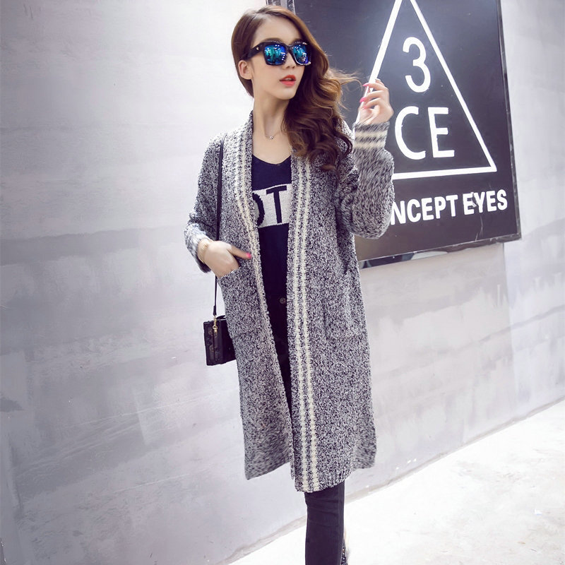 Fashion Sweater Coat Women Slim Long Paragraph Jacquard Temperament - Grey