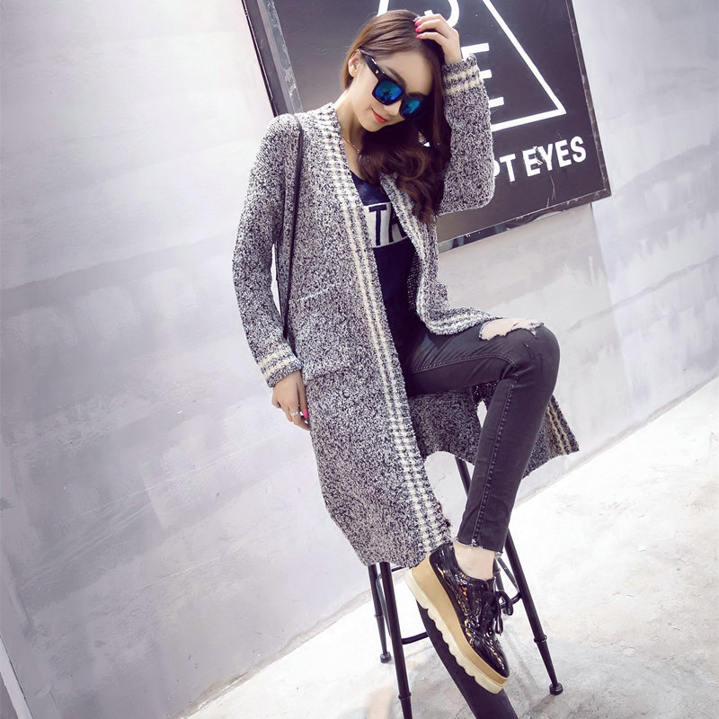 Fashion Sweater Coat Women Slim Long Paragraph Jacquard Temperament - Grey