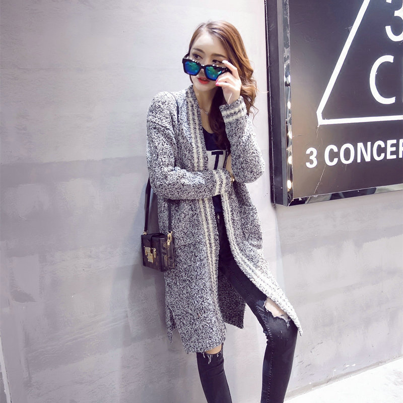 Fashion Sweater Coat Women Slim Long Paragraph Jacquard Temperament - Grey