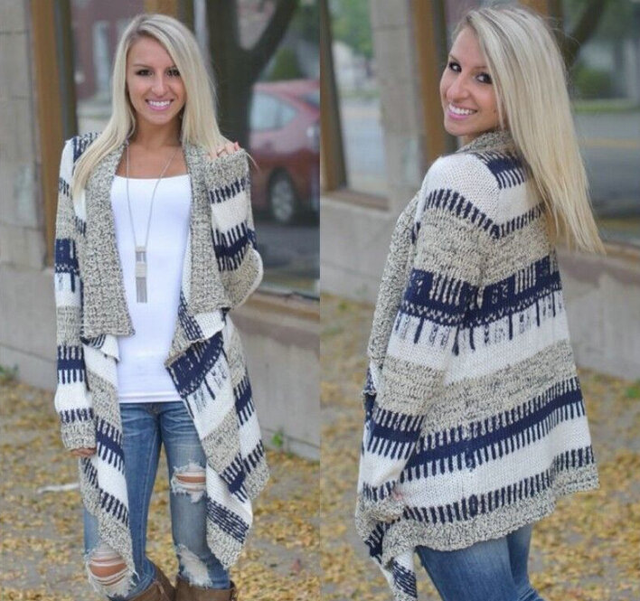 Fashion Sweater Color Female Irregular Long Sleeved Cardigan Ruffled Collar - White Blue