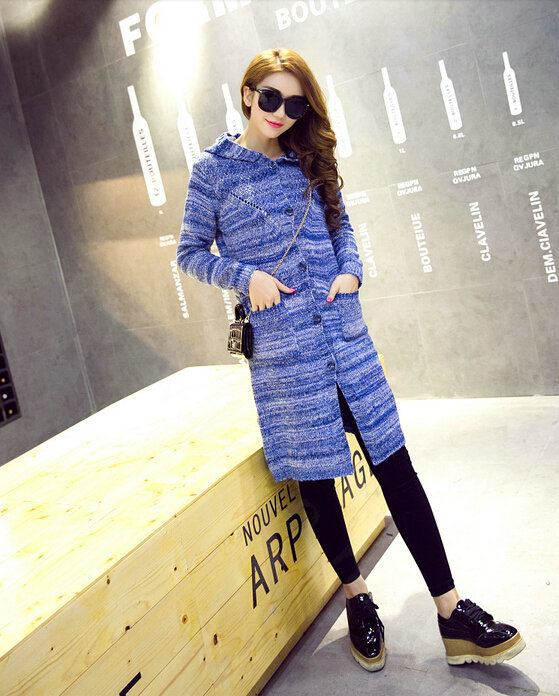 Fashion Sweater Female Striped Single Breasted Hooded Cardigan Pockets - Blue