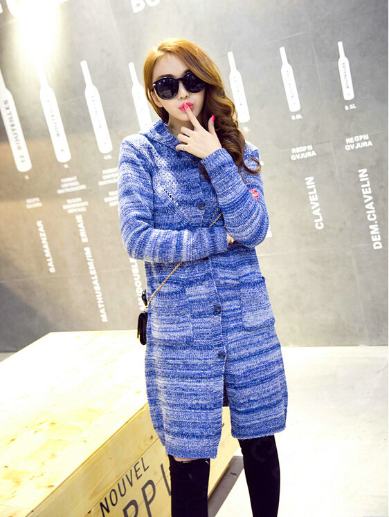 Fashion Sweater Female Striped Single Breasted Hooded Cardigan Pockets - Blue