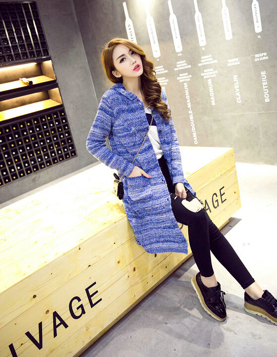 Fashion Sweater Female Striped Single Breasted Hooded Cardigan Pockets - Blue