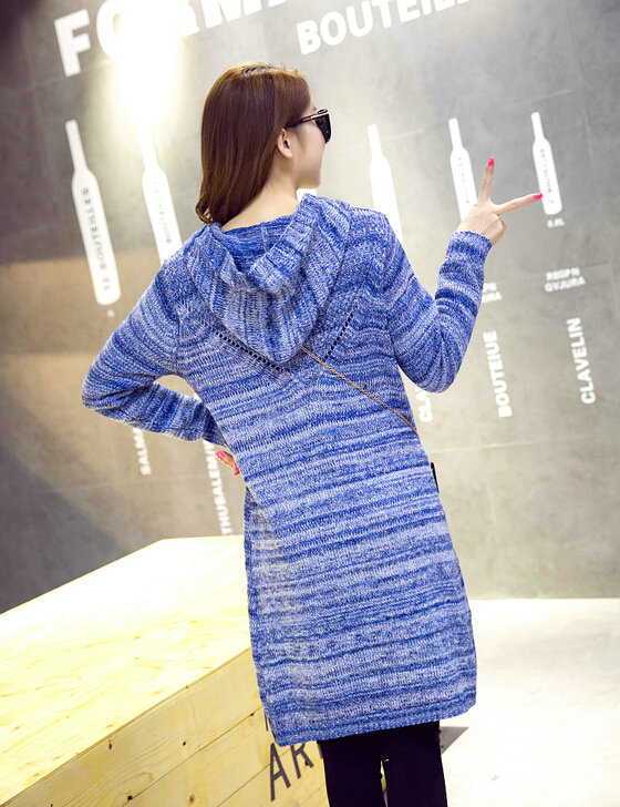 Fashion Sweater Female Striped Single Breasted Hooded Cardigan Pockets - Blue