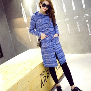 Fashion Sweater Female Striped Single Breasted Hooded Cardigan Pockets - Blue