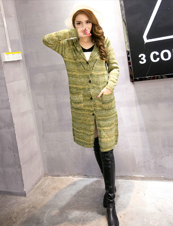 Fashion Sweater Female Striped Single Breasted Hooded Cardigan Pockets - Green