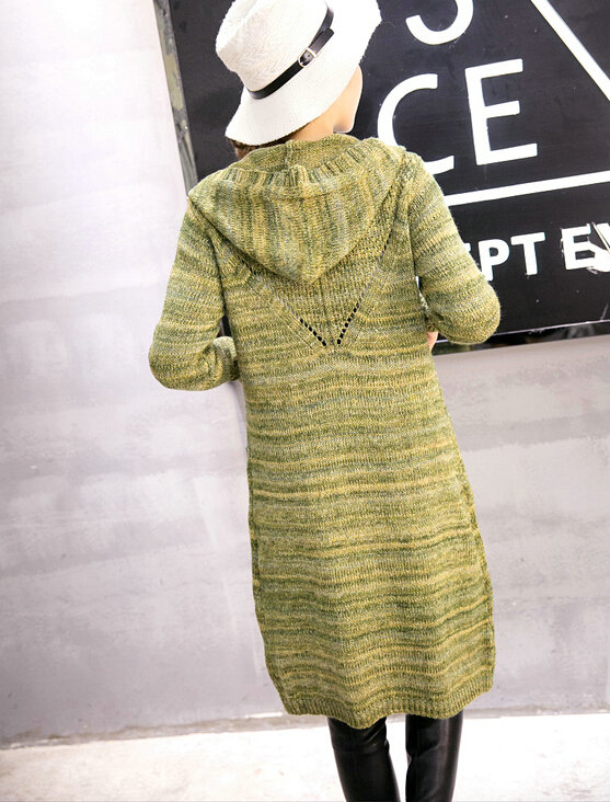 Fashion Sweater Female Striped Single Breasted Hooded Cardigan Pockets - Green