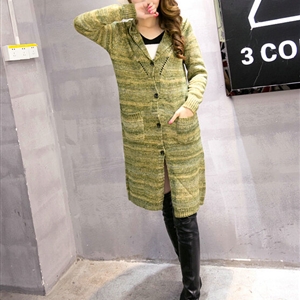 Fashion Sweater Female Striped Single Breasted Hooded Cardigan Pockets - Green