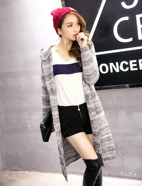Fashion Sweater Female Striped Single Breasted Hooded Cardigan Pockets - Grey