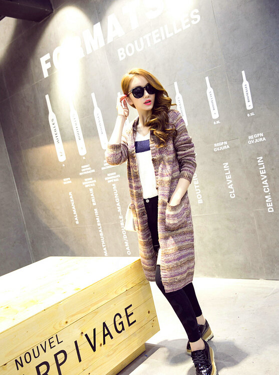 Fashion Sweater Female Striped Single Breasted Hooded Cardigan Pockets - Purple