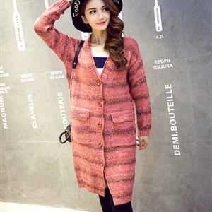 Fashion Sweater Girls Winter Cardigan Coat Slim Striped Single Breasted Long Sleeve - Red