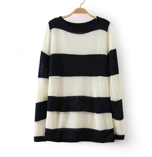 Fashion Sweater Hand Knitted Stripe Burst Loose Lady O-Neck - Black
