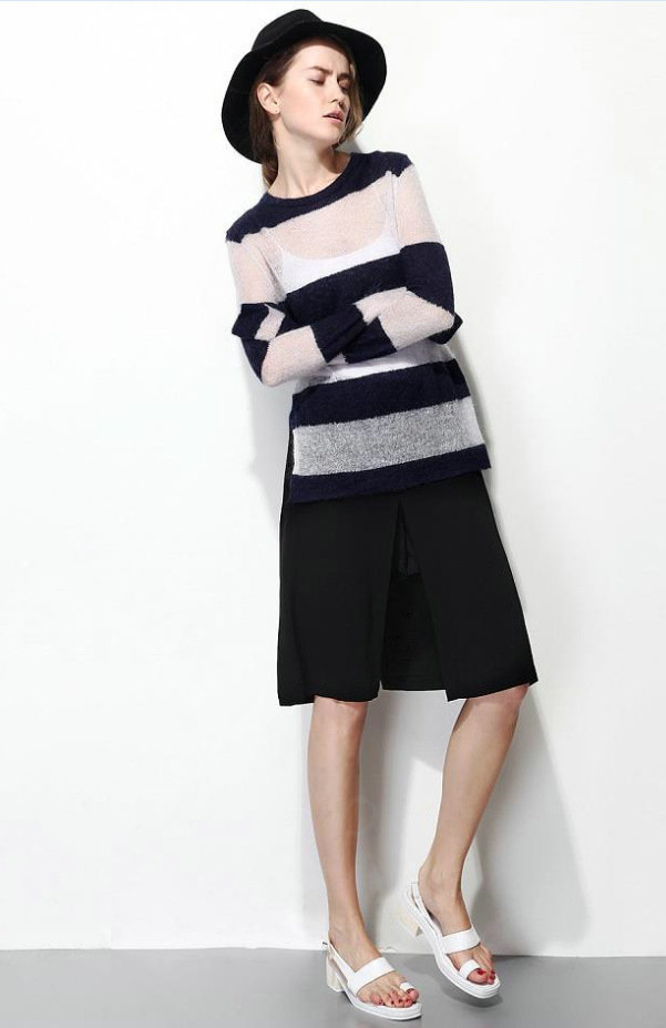 Fashion Sweater Hand Knitted Stripe Burst Loose Lady O-Neck - Black